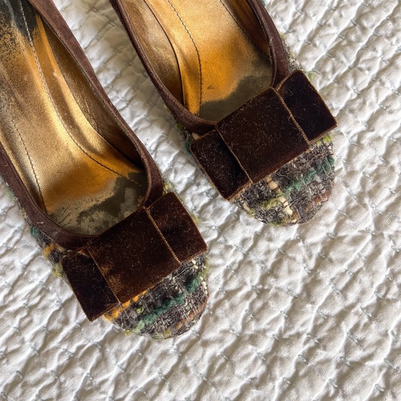 Coach Naomi Tweed Boucle  Plaid Suede Brown Velvet Bow Heels - Picture 3 of 12